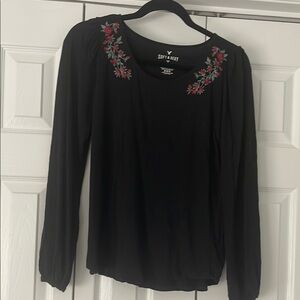 Black Long Sleeve Tee with Embroidery